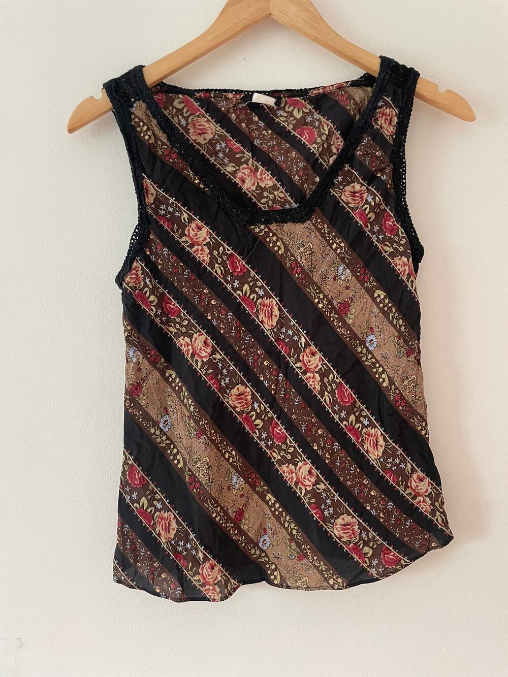 VTG 90s J Crew Silk Tank Blouse Floral Stripe Crochet Ribbon Trim Y2K Grunge S:6